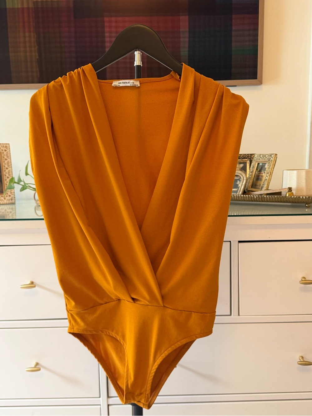 Zara Mustard Draped V-Neck One-Piece Bodysuit